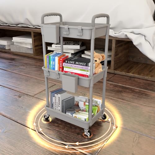 Image of 3 Tier Rolling Utility Cart with Handle,REBECAT Utility Cart Made of Multifunctional Storage Organizer Tool for Kitchen,Bathroom,Living Room,Office(Gray)