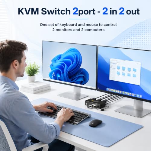Image of GREATHTEK 8K@60HZ HDMI Displayport KVM Switch 2 Monitors 2 Computers | With 4 USB 3.0 Ports |For 2 PC /Laptops Share Mouse Keyboard and 2 Screens|EDID Adapative|Wired Controller