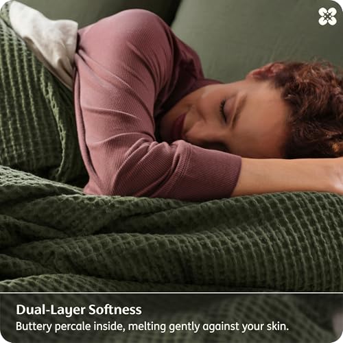 Image of Bedsure Cotton Duvet Cover Queen Size - 100% Cotton Waffle Weave Olive Green Duvet Cover, PureWoven Textured Breathable Bedding Comforter Cover for All Season, 1 Duvet Cover Only 90 inchx90 inch