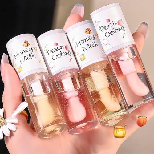 Baorder 4Pcs Hydrating Clear Lip Oil,Crystal Jelly Honey Lip Gloss with Big Brush,Long Lasting Nourishing Lip Care Lip Glow Oil,Moisturizing Tinted Lip Balm,Fresh Texture Flavoring Oil Lip Makeup