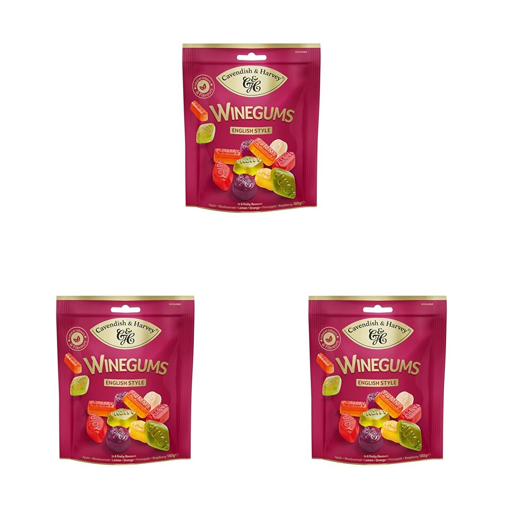 Cavendish & Harvey Winegums 180g English Style | Zitrone, Orange, Apfel, Himbeere, Schwarze Johannisbeere, Ananas | Fruchtige Weingummi | Glutenfrei | 1 x 180g (Packung mit 3)
