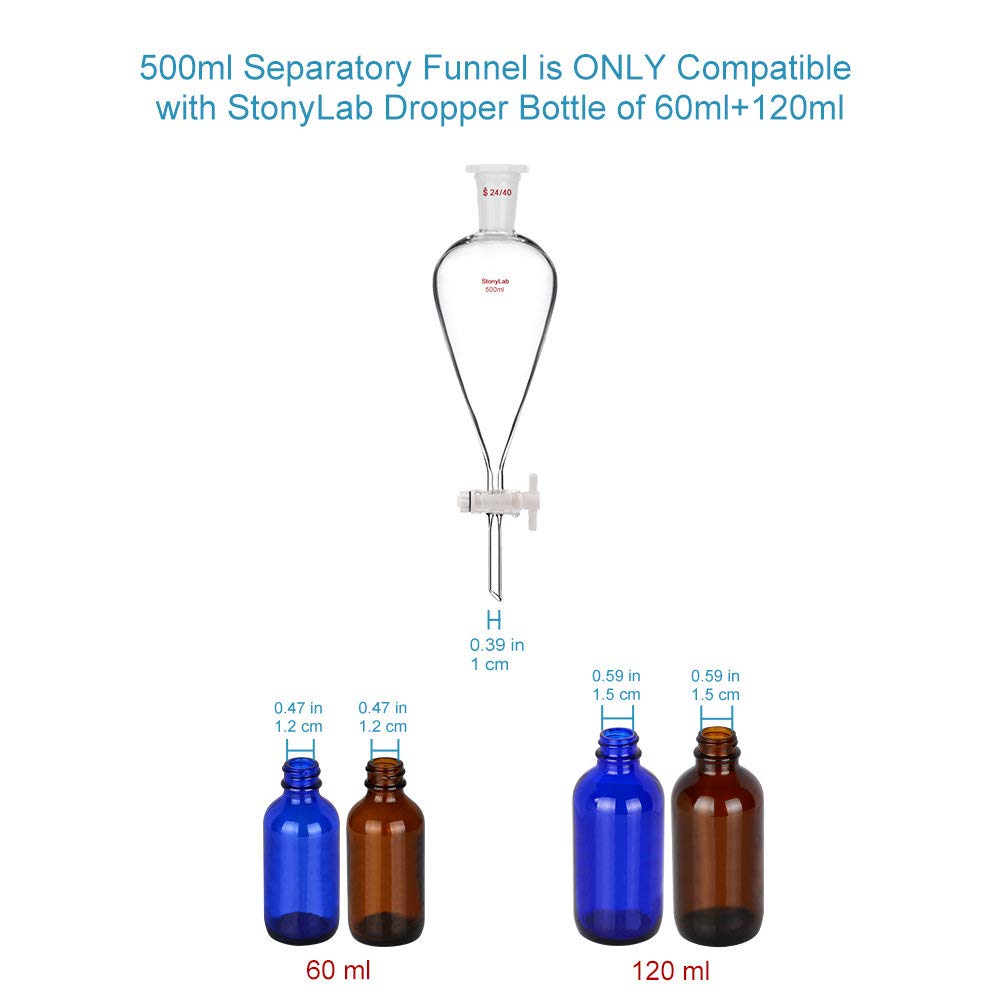 StonyLab 500 ml Entonnoir Séparateur à Paroi épaisse en Verre Borosilicaté, Separatory Funnel avec Joints 24/40 et Robinet en PTFE - 500 mL