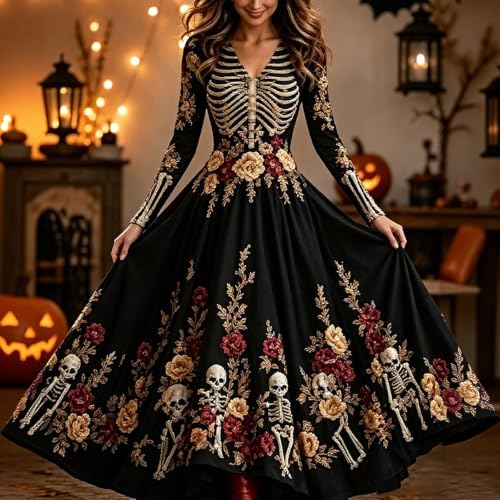 Halloween Costumes For Women Skeleton Dress Long Sleeve V Neck Maxi Dresses - image 2