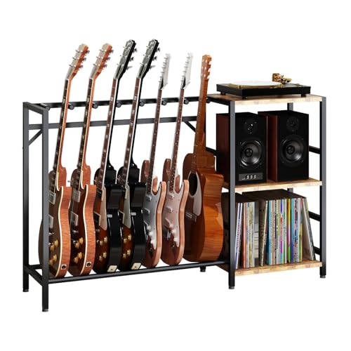 Record Player Stand with Guitar Stand, Record Player Table with Guitar Rack, Guitar Holder 7 Space for Multiple Guitars, Bass, Acoustic, Guitar Display for Home Music Studio, Brown - Les Beatles, Paul McCartney, John Lennon, RIngo Starr, George Harrison Record Player Stand with Guitar Stand, Record Player Table with Guitar Rack, Guitar Holder 7 Space for Multiple Guitars, Bass, Acoustic, Guitar Display for Home Music Studio, Brown