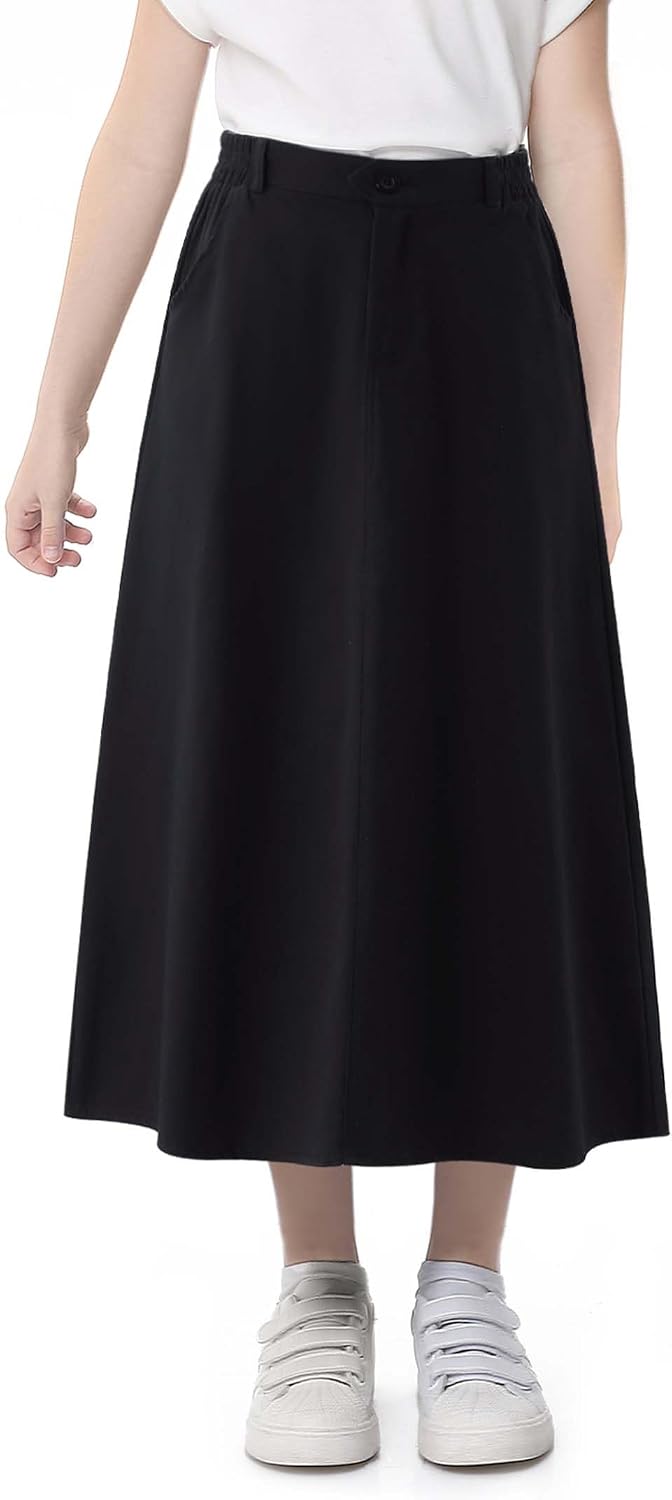 Girls Maxi Skirt High Waist A-Line Sloid Color Long Skirt with Pockets for 4-14 Years