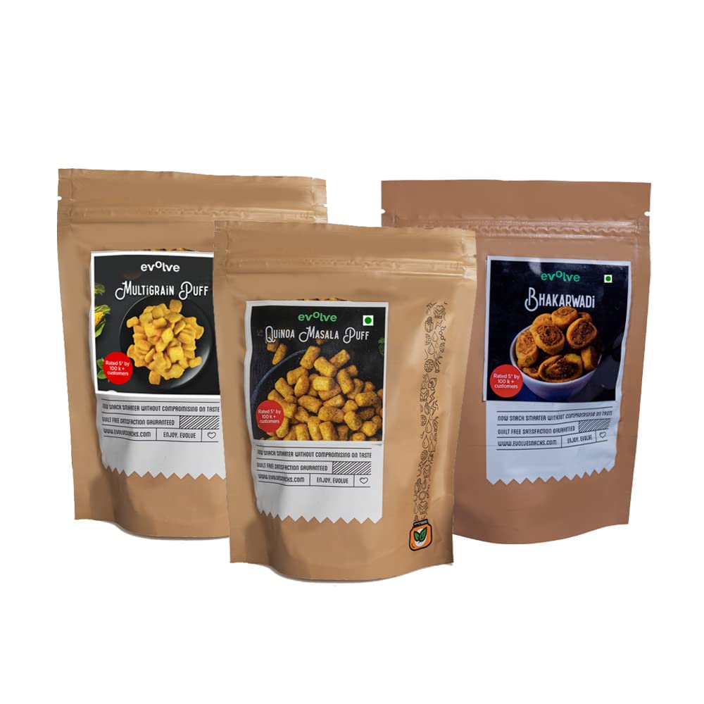 Evolve Snacks Pack of 3 | Multigrain Puff| Quinoa Masala Puff | Baked Bhakarwadi | All Natural Millets and Grains | Vegan Friendly | No Added Preservatives | (B08HLDGKZD) Amazon Price History, Amazon Price Tracker