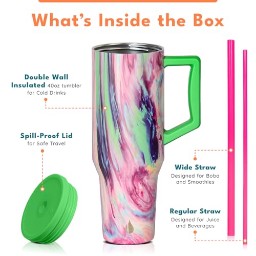 Image of Elemental Spill Proof 40oz Insulated Tumbler with Handle & Straw Travel Mug | Stainless Steel Commuter Travel Coffee Mug for Cold Beverages, Includes 2 Straws & a Spill Proof Lid for Everyday Use