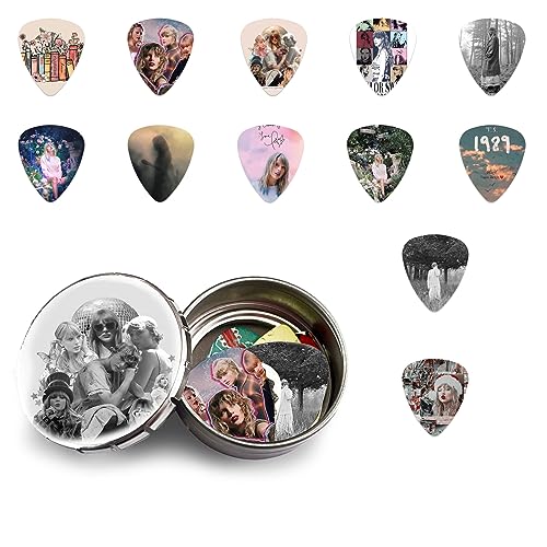 12 Packs Guitar Picks with Tin Box Tay-lor Fans Love 0.71mm Celluloid Guitar Pick for Acoustic Guitar, Violin, Ukulele, Bass