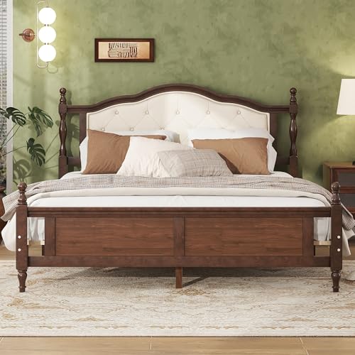 Bellemave Queen Pine Wooden Bed Frame with Upholstered Headboard and Panel Foot Board, Vintage Mid Century Bed Frame, Queen Size Wood Bed Frames,Walnut