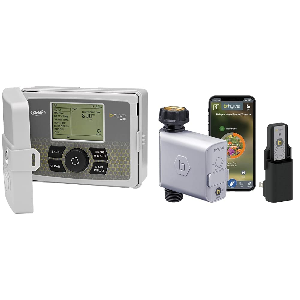 Orbit 57950 B-hyve Smart 12-Zone Indoor/Outdoor Sprinkler Controller Compatible with Alexa & 21004 B-hyve Smart Hose Faucet Timer with Wi-Fi Hub Compatible with Alexa,Gray