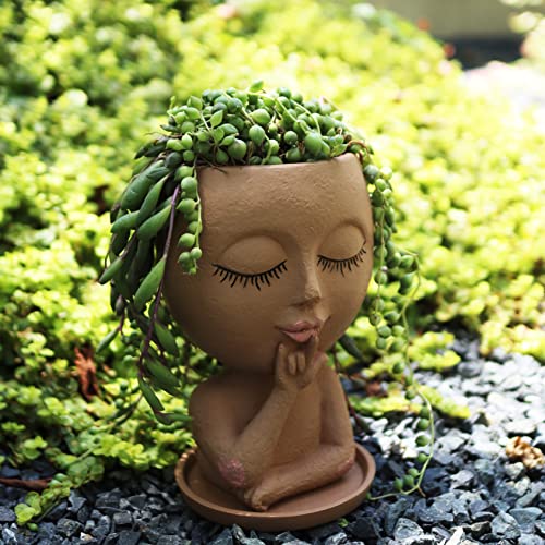 Head Planter Face Flower Pots, Cute Resin Face Planters For Indoor Outdoor Plants, Macetas Para Plantas Funny Head Plant Pot Face Vase With Drainage Hole And Tray For Home Garden Succulents Cactus #TOP2