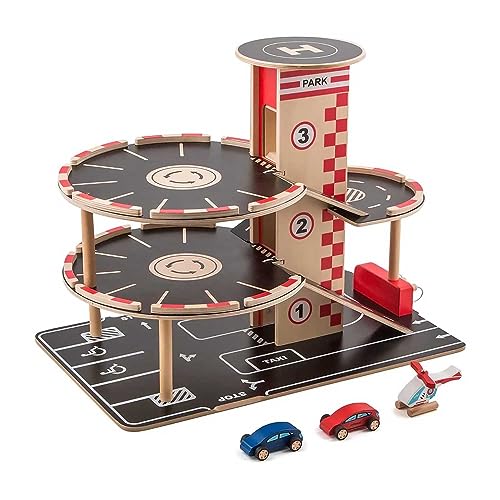 Hape Garage Voiture Enfant 3 ans et plus - Parking en Bois avec Voitures, Hélicoptère, Station Service, Circuit, Toboggan, 4 Niveaux de Stationnement et Ascenseur -...
