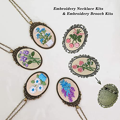 Image of ZOCONE 6 Packs Embroidery Necklace Kits, Embroidery Pendant Kit Mini Cross Stitch Kit with Hoop, Necklace, Pendant, Brooch, Stamped Pattern Cloth, Instructions, etc. Embroidery Kits for Adults