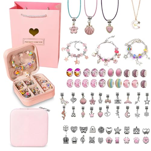 Charm Bracelet Making Kit for Girls, 68PCs Charm Bracelets Kit With Arts & Crafts Supplies Box, Jewelry Charms, Bracelets for DIY Craft, Jewelry Gift Adults and Kids, Present for 8-12 Year Old Girl Colorful (Pink)