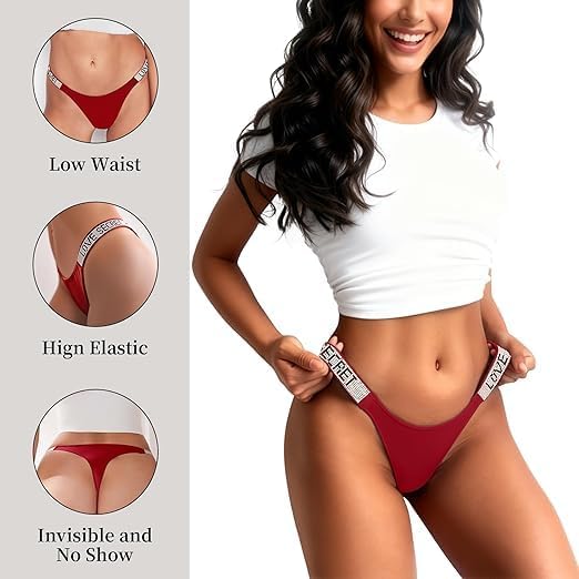 KYLELOVE Rhinestone Sexy Thongs for Women,Low Waist Seamless Underwear Hipster T Back Panties G-String Stretch Thongs 6 Pack - Image 3