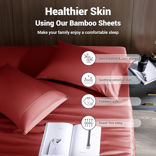 Image of Shilucheng 4 Piece California King Sheet Sets, Cooling Sheets, Blend Rayon Derived from Bamboo, Deep Pocket Up to 16 inch, Breathable & Soft Bed Sheets, Hotel Silky Bedding Set, Burgundy