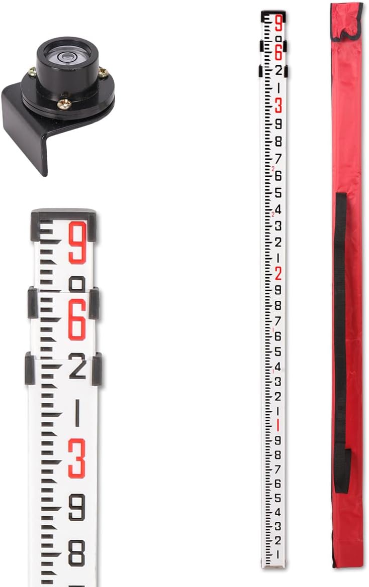 GEOLENI Aluminum Grade Rod - 8ths, with Carrying Case and Rod Level (9 Foot), 1mm Thick, 42 inches Tall When Collapsed, Inch Scale at Back and Front