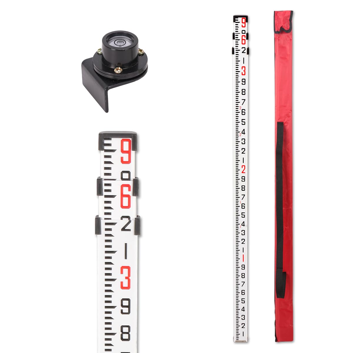 GEOLENI Aluminum Grade Rod - 8ths, with Carrying Case and Rod Level (9 Foot), 1mm Thick, 42 inches Tall When Collapsed, Inch Scale at Back and Front