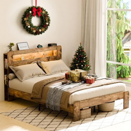 Zevemomo Wood King Bed Frame with Headboard, LED...