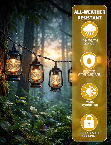 Image of 12FT Black Mini Kerosene String Lights, 20 LED Vintage Lantern Fairy Lights, Connectable Outdoor Decorative Lights for Patio Bedroom Camping Wedding Garden Christmas Party Decor
