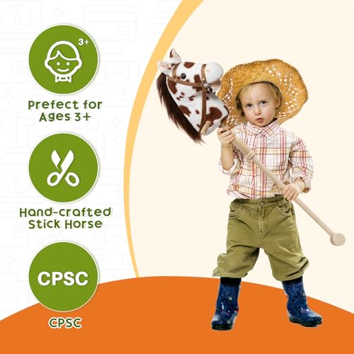 HollyHOME Stick Horse Plush Handcrafted Hobby Horse on a Stick with Wood Wheels Real Pony Neighing and Galloping Sounds for Kids Toddlers Appaloosa 36 Inches (AA Batteries Required) - Image 6