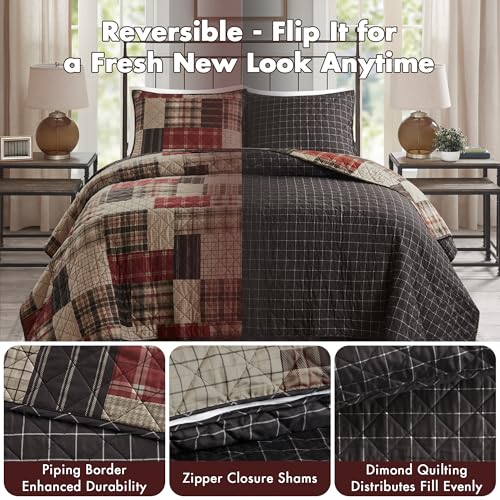 Image of Madison Park Queen Quilt Set Patchwork Farmhouse, Diamond Quilting Reversible Coverlet Set for Queen Size Bed, Plush Cotton Filled Quilt Set Queen Size, Shams Full /Queen Red /Black 3 Piece