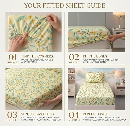 Image of BSB HOME 220 TC Cotton Fitted Single Bedsheet with 1 Pillow Cover, Soft Breathable, Elastic Fit, Fade Resistant, Easy Care - 36 x 72 + 6 Inches (Spring Leaf Multi)