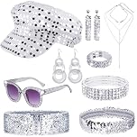 Saier tbo 9Pcs 70s Silver Abba Accessories Set, Glitter Disco Fancy Dress Costume with Abba Hat Sequin Headband Sunglasses Earrings Necklace Ring Bracelet Belt for Women Hippie Theme Party Carnival