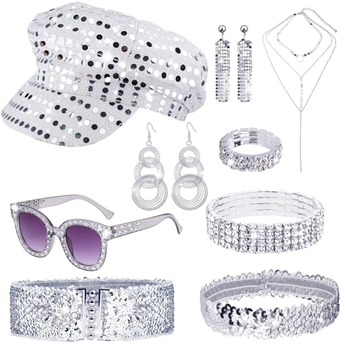 Saier tbo 9Pcs 70s Silver Abba Accessories Set, Glitter Disco Fancy Dress Costume with Abba Hat Sequin Headband Sunglasses Earrings Necklace Ring Bracelet Belt for Women Hippie Theme Party Carnival