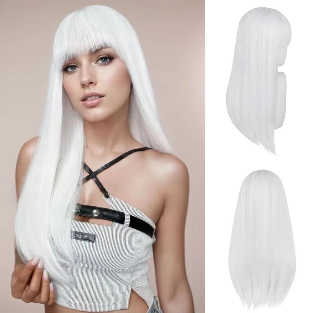 Haarpflege 26 Zoll Lange Glatte Weiße Haarperücke Mit Pony Für Frauen Cosplay(Blonde)