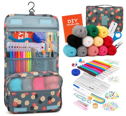 Image of KRENZ 130 Pcs Crochet Kit for Adults Beginner Kids Crochet Hook Yarn Set Hanging Crochet Set Crochet Hooks with Ergonomic Knitting Needle Stitch Markers Storage Bag All in One Crochet Kit Set