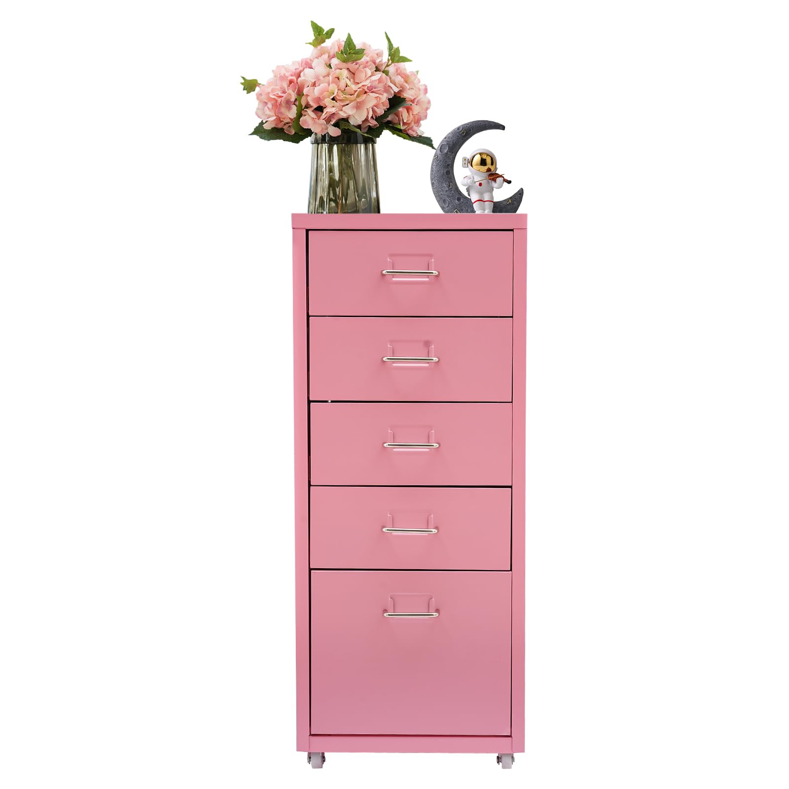 Pink Metal Storage Cabinet, 5-Drawer Storage Cabinet with Wheels, for Home Office Classroom