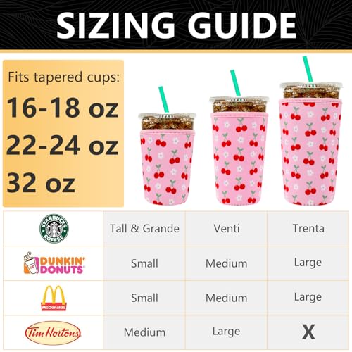 Image of YR Reusable Neoprene Insulator Sleeve for Iced Coffee Cups, 3 Pack Coffee Coolies sleeves for Iced & Hot Drinks, Cold Beverage Cooler Compatible with Starbucks Coffee and More (Cute Cherry)