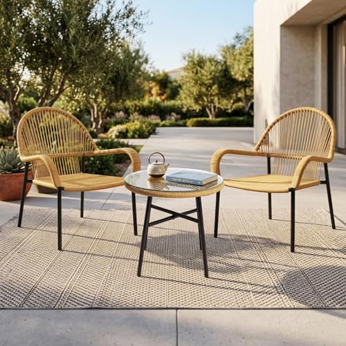 Image of DEVOKO Outdoor 3 Piece Beige Rope Patio Balcony Conversation Set for All Weather Comfort Breathable & Weather Resistant Metal Frame for Garden, Pool, Porch, Deck
