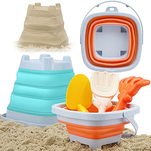 OR OR TU 6 Pack Foldable Beach Bucket Sand Toys Set for Kids Collapsible Castle Mould Rakes,Shovels Tools Summer Playset,Best Gift for 1 2 3 4 5 6 Years Children Boys Girls