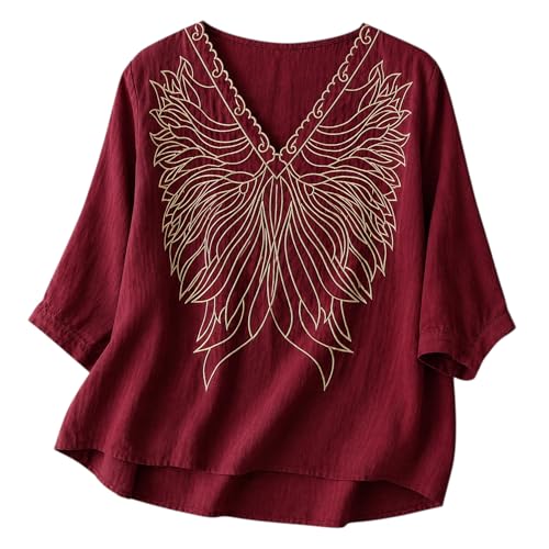 Image of RIEKA Women's Embroidered Top for Women, Maroon V Neck Rayon, 3 /4 Sleeve Casual Loose Fit Tunic, Boho Blouse for Women, Korean Style
