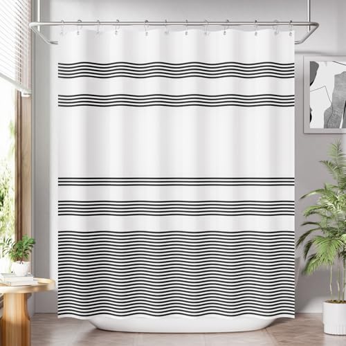 Image of AmazerBath Shower Curtain, Striped Black Fabric Shower Curtain Set with 12 Shower Curtain Hooks, Rustic Cloth Black and White Curtain, Farmhouse Bathroom Shower Curtain Sets, 72x84 Inches