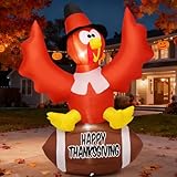 GOOSH 5 FT Thanksgiving Inflatables Turkey Outdoor Decorations Blow Up Yard Turkey with a Rugby with Built-in LEDs for Indoor Party Garden Lawn Decor