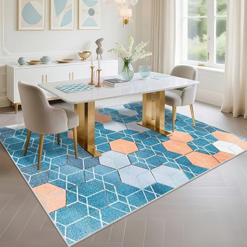 Tapis d'entrée bleu 90x120cm motif géométrique abstrait résistant aux taches