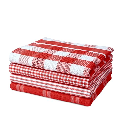 Image of LANE LINEN 100% Cotton Kitchen Dish Cloths, Ultra Soft Absorbent Quick Drying Dish Towels, Multiweave Wash Cloths Dish Towel Sets, 13x28 Inches, 4 Pack - Red