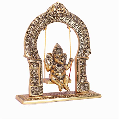 Image of KridayKraft Ganesh ji dori jhula Idol, Ganpati Idol on Swing jhula for Temple Pooja, Ganesh Metal Statue Home, Office & Table Decorative, Religious Showpiece Figurines