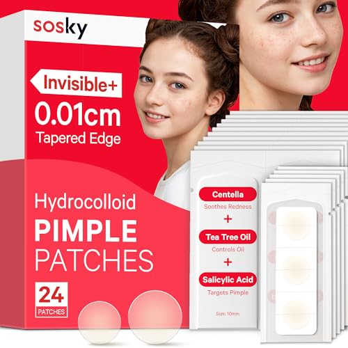 Image of Sosky Pimple Patches for Face, Hydrocolloid Acne Patches with Salicylic Acid, Zit Stickers, Blemish Covers, 24 Count Invisible