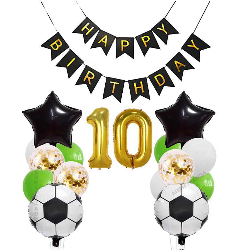Image of AR GIFTZADDA 4D Football Black White Green Balloon Bouquet for 10th Birthday, 24 Inch Soccer Foil Balloons Decorations for Boys Birthday World Cup Theme Party (10th Bday kit, Football)