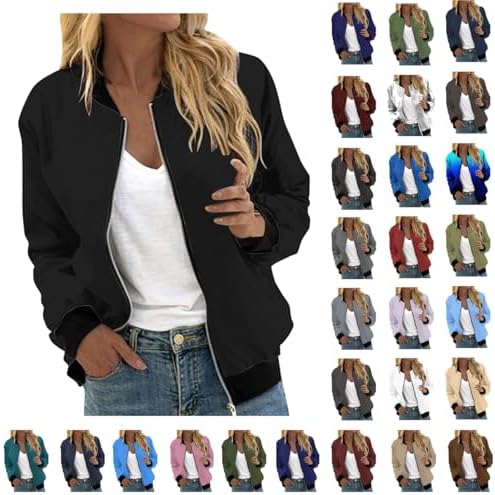 Women's Bomber Jacket 2024 Casual Fall Coats Fashion Zip Up Long Sleeve Outerwear Windbreaker with Pockets