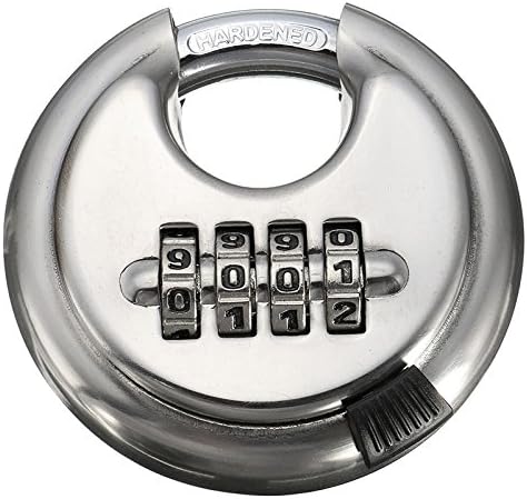 Large 4-Position Combination disc Padlock Stainless Steel Rust-Proof Door Warehouse Outdoor Round Cake Tray Padlock Discus Lock with Hardened Steel Shackle Shelf Locker Silver Lock Gym, School,