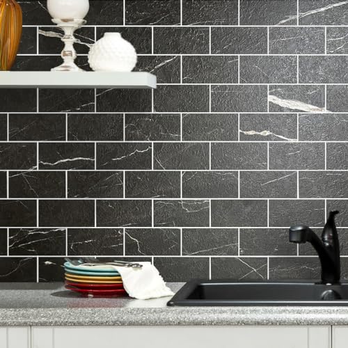 Auliget 100 Piece Faux Stone Backsplash Peel And Stick Pvc Tile, 3 Inch X 6 Inch Black Marble With White Grout Stick On Tiles For Backsplash Kitchen thumb #3