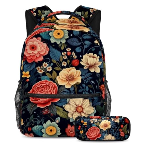 Sac à dos enfant fleurs avec trousse : cartable fille imprimé floral et scolaire 2 pièces