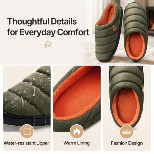 Image of ATHMILE Slippers for Men Water-Resistant Quilted Puffer Upper Memory Foam Slippers Non Slip Indoor Outdoor House Shoes Cozy Slip on Slippers for Home Bedroom Travel Camping Gift