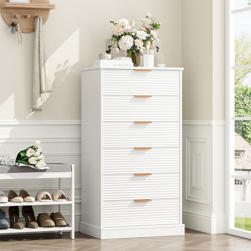 Image of FACBOTALL 6 Drawer Dresser, Tall White Dresser with Large Storage Space, Modern Chest of Drawers with Handles, 6 Large Capacity Vertical Dressers for Home & Office