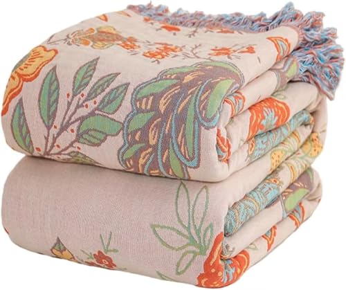 Boho Throw Blanket for Bed 100% Cotton Bohemian Blankets Ultra Soft Woven Muslin Decorative Blankets All Seasons Vintage Quilt Knitted Blanket for Sofa Chair(Orange 60x80)